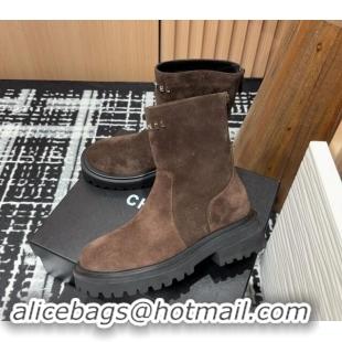 Best Grade Chanel Suede Platform Ankle Boots with Front CHANEL Brown 910099