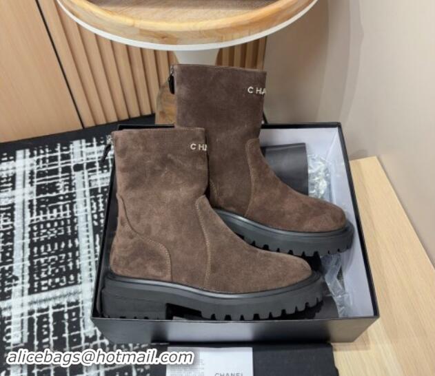 Best Grade Chanel Suede Platform Ankle Boots with Front CHANEL Brown 910099