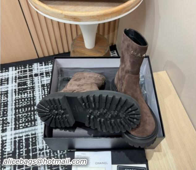 Best Grade Chanel Suede Platform Ankle Boots with Front CHANEL Brown 910099