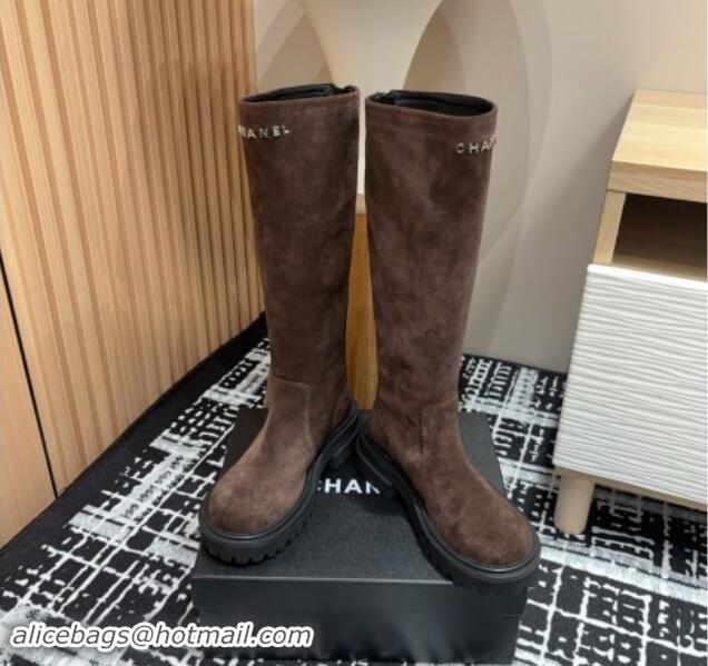 Purchase Chanel Suede Platform High Boots with Front CHANEL Brown 910102