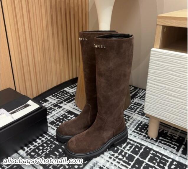 Purchase Chanel Suede Platform High Boots with Front CHANEL Brown 910102