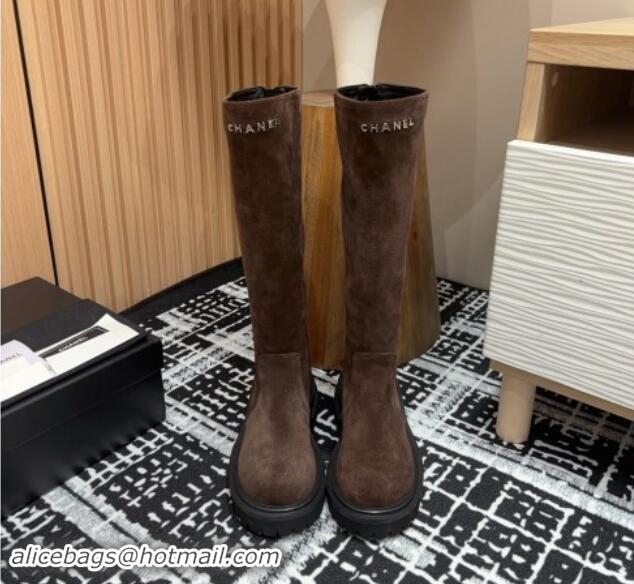 Purchase Chanel Suede Platform High Boots with Front CHANEL Brown 910102