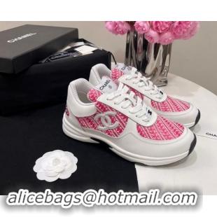 Shop Duplicate Chanel Calfskin & Braided Fabric Sneakers Pink 910108