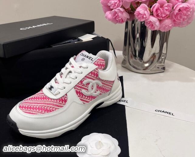 Shop Duplicate Chanel Calfskin & Braided Fabric Sneakers Pink 910108