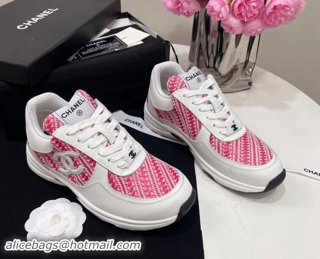 Shop Duplicate Chanel Calfskin & Braided Fabric Sneakers Pink 910108