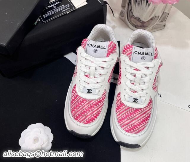 Shop Duplicate Chanel Calfskin & Braided Fabric Sneakers Pink 910108