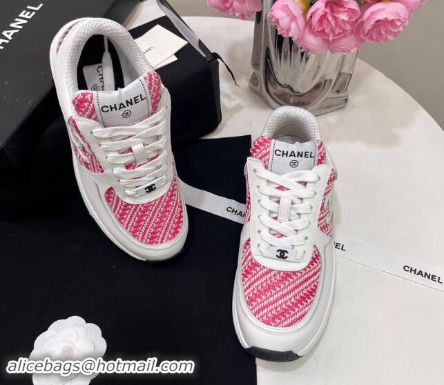 Shop Duplicate Chanel Calfskin & Braided Fabric Sneakers Pink 910108