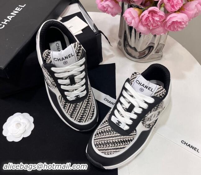 Luxurious Chanel Calfskin & Braided Fabric Sneakers Black 0910110