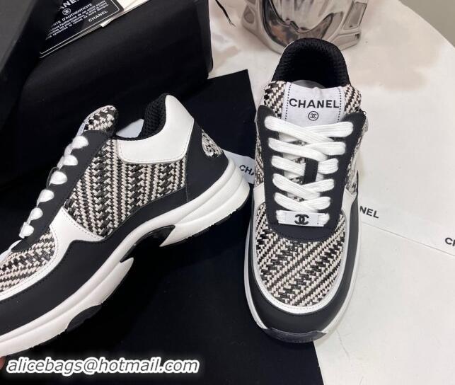 Luxurious Chanel Calfskin & Braided Fabric Sneakers Black 0910110