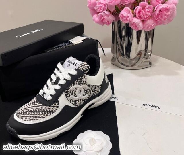 Luxurious Chanel Calfskin & Braided Fabric Sneakers Black 0910110