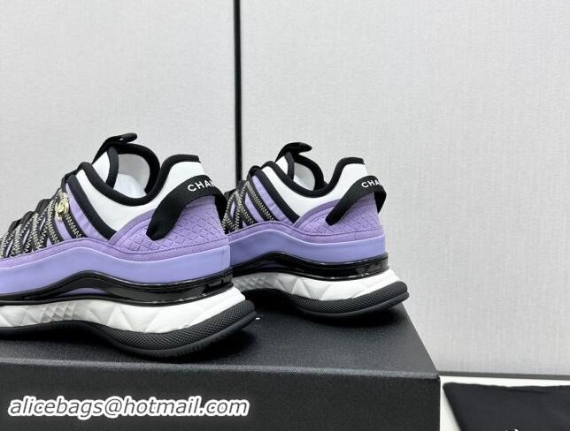 Top Design Chanel Silky Calfskin & Fabric Laced Sneakers Purple 910113