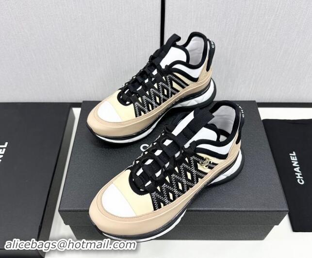 Good Product Chanel Silky Calfskin & Fabric Laced Sneakers Beige 910115