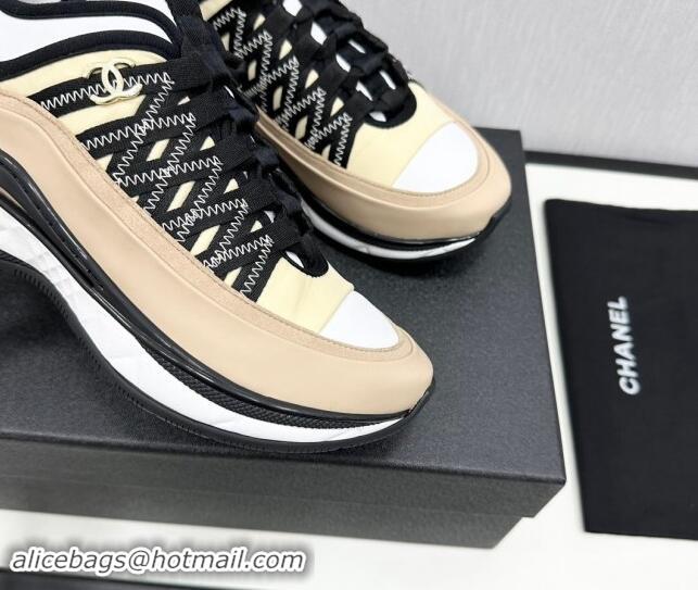 Good Product Chanel Silky Calfskin & Fabric Laced Sneakers Beige 910115