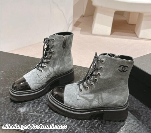 Pretty Style Chanel Suede Lace-up Ankle Boots Grey 910119