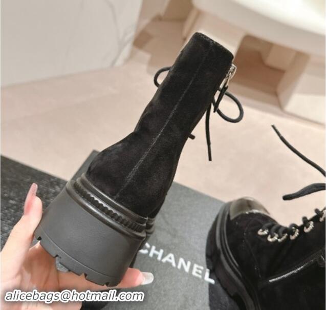 Good Product Chanel Suede Lace-up Ankle Boots Black 910120