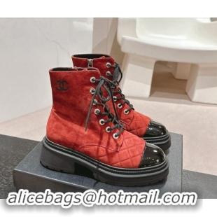 Charming Chanel Suede Lace-up Ankle Boots Red 910121