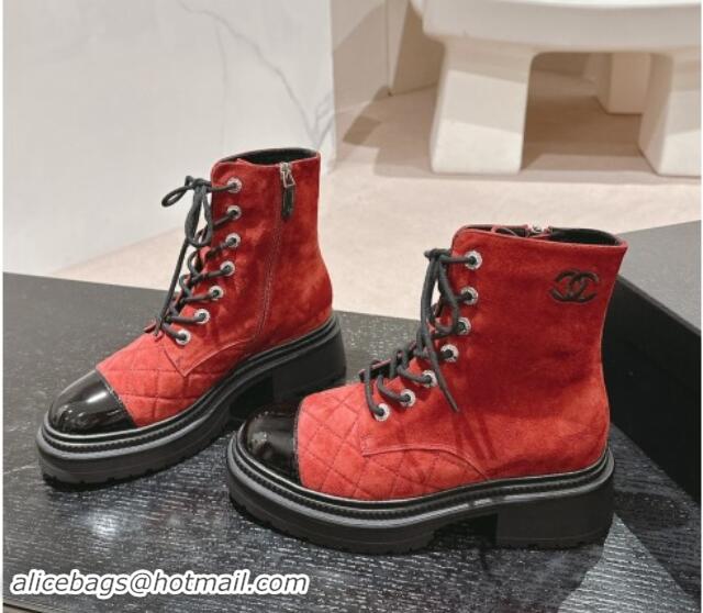 Charming Chanel Suede Lace-up Ankle Boots Red 910121