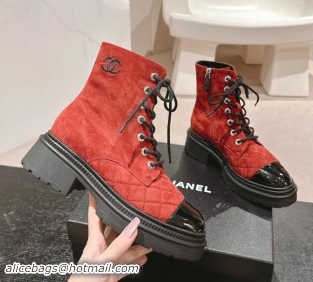 Charming Chanel Suede Lace-up Ankle Boots Red 910121