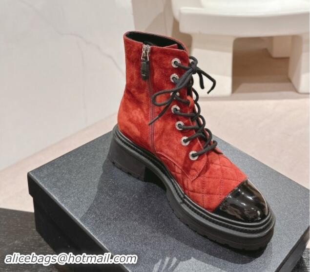 Charming Chanel Suede Lace-up Ankle Boots Red 910121