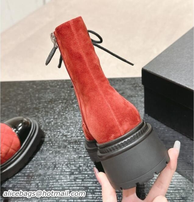 Charming Chanel Suede Lace-up Ankle Boots Red 910121