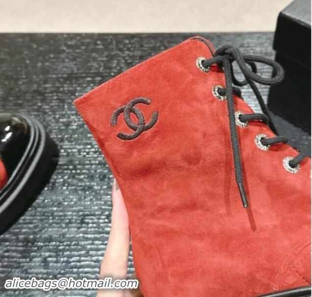 Charming Chanel Suede Lace-up Ankle Boots Red 910121