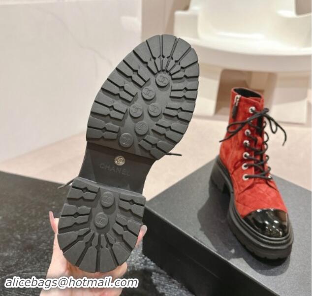 Charming Chanel Suede Lace-up Ankle Boots Red 910121