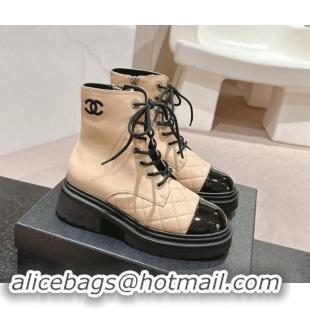 Classic Hot Chanel Calfskin Lace-up Ankle Boots Beige 910122