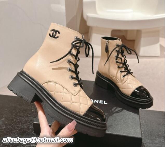 Classic Hot Chanel Calfskin Lace-up Ankle Boots Beige 910122