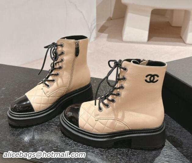 Classic Hot Chanel Calfskin Lace-up Ankle Boots Beige 910122