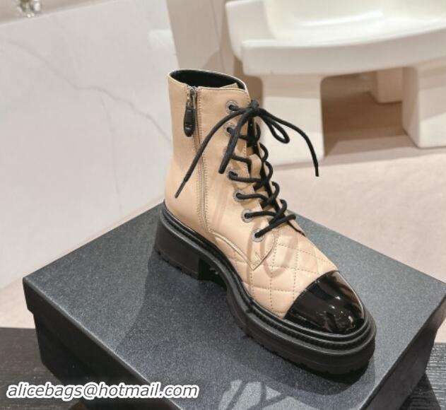 Classic Hot Chanel Calfskin Lace-up Ankle Boots Beige 910122