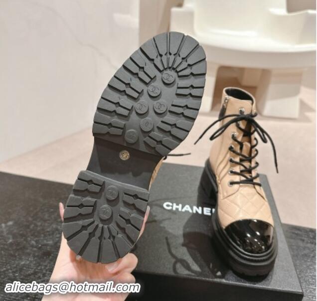 Classic Hot Chanel Calfskin Lace-up Ankle Boots Beige 910122