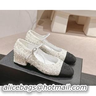 Top Grade Chanel Tweed & Sequins Mary Janes Pumps White 910129