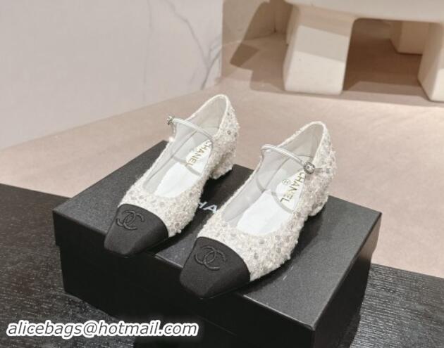 Top Grade Chanel Tweed & Sequins Mary Janes Pumps White 910129