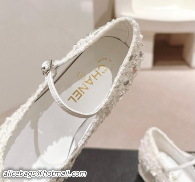 Top Grade Chanel Tweed & Sequins Mary Janes Pumps White 910129