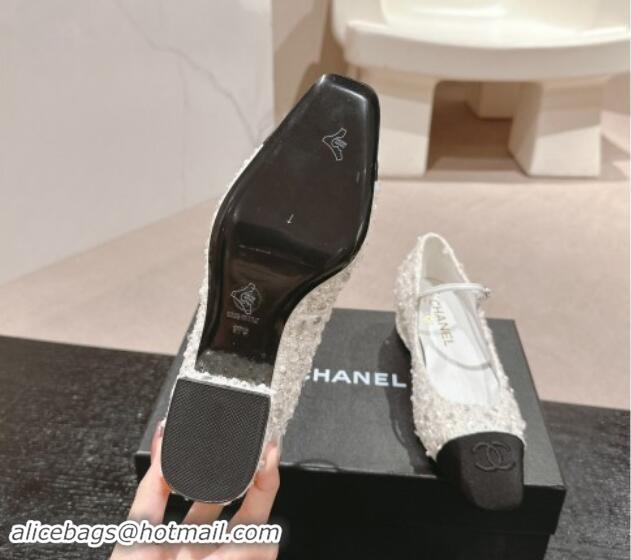 Top Grade Chanel Tweed & Sequins Mary Janes Pumps White 910129