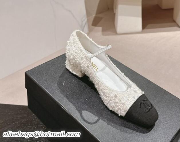 Top Grade Chanel Tweed & Sequins Mary Janes Pumps White 910129