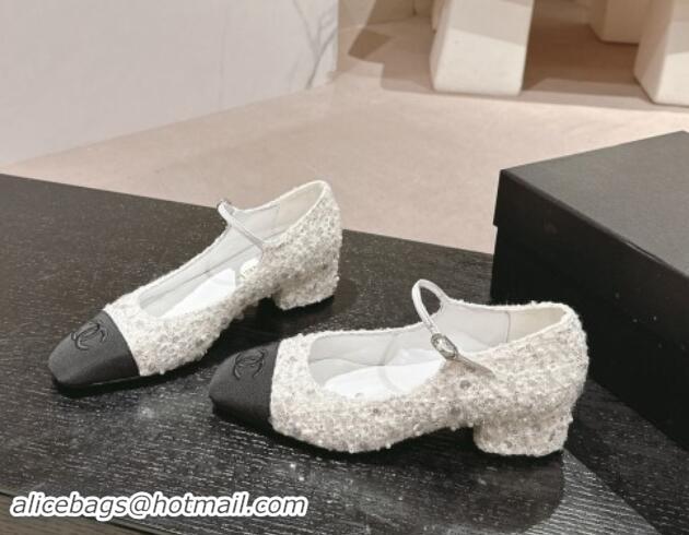 Top Grade Chanel Tweed & Sequins Mary Janes Pumps White 910129