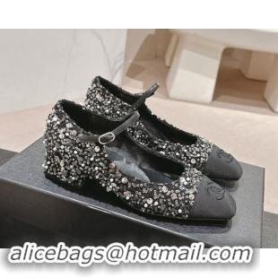 Duplicate Chanel Tweed & Sequins Mary Janes Pumps Black 910130