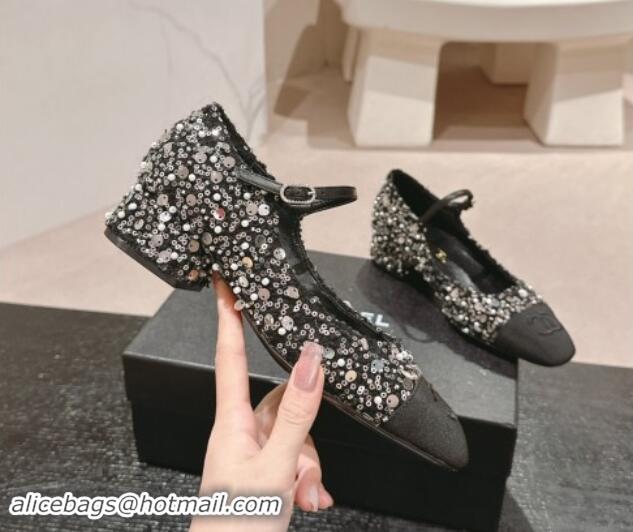 Duplicate Chanel Tweed & Sequins Mary Janes Pumps Black 910130