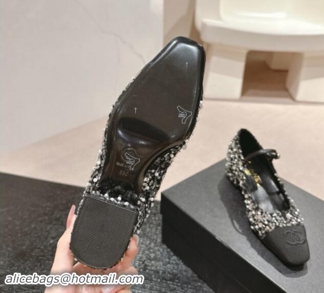 Duplicate Chanel Tweed & Sequins Mary Janes Pumps Black 910130