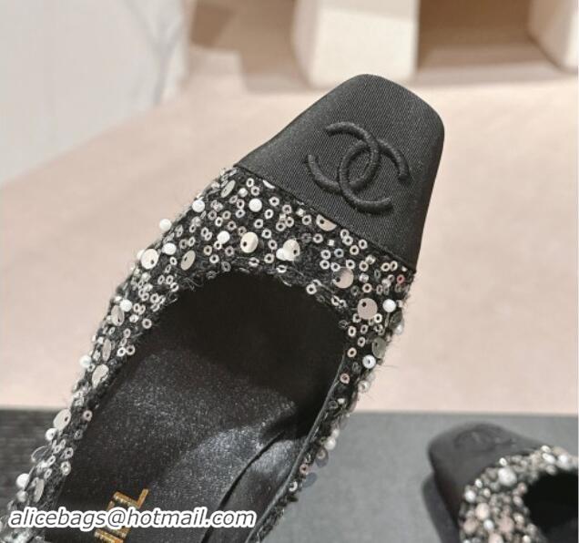 Duplicate Chanel Tweed & Sequins Mary Janes Pumps Black 910130