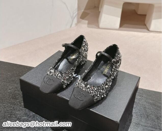 Duplicate Chanel Tweed & Sequins Mary Janes Pumps Black 910130