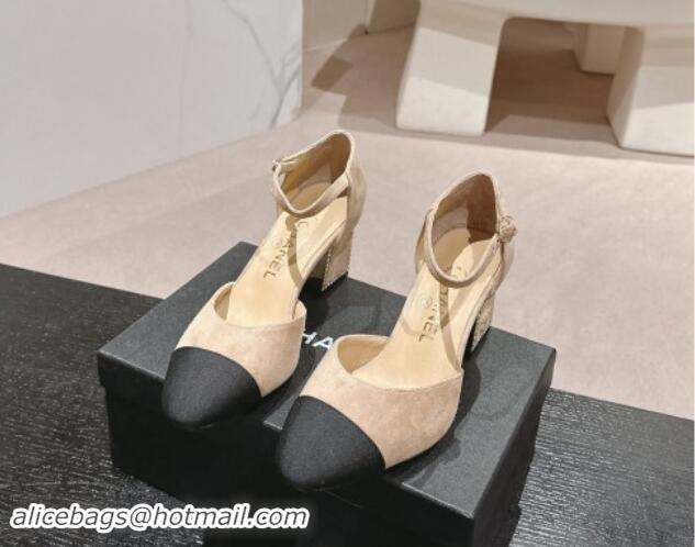 Grade Quality Chanel Suede Mary Janes Pumps 6.5cm with Strass Beige 910131