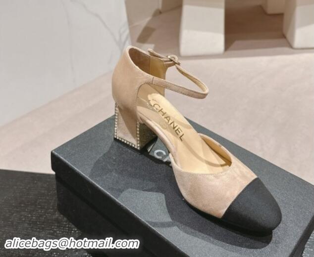 Grade Quality Chanel Suede Mary Janes Pumps 6.5cm with Strass Beige 910131