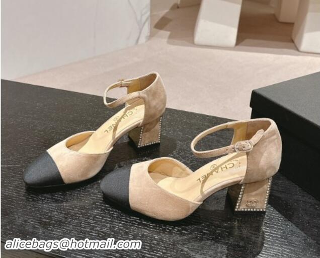 Grade Quality Chanel Suede Mary Janes Pumps 6.5cm with Strass Beige 910131