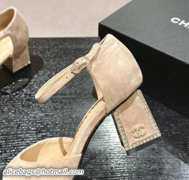 Grade Quality Chanel Suede Mary Janes Pumps 6.5cm with Strass Beige 910131