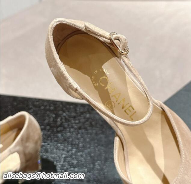 Grade Quality Chanel Suede Mary Janes Pumps 6.5cm with Strass Beige 910131