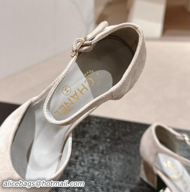 Unique Style Chanel Suede Mary Janes Pumps 6.5cm with Strass Grey 910132