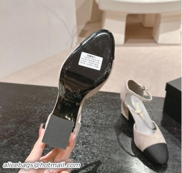 Unique Style Chanel Suede Mary Janes Pumps 6.5cm with Strass Grey 910132