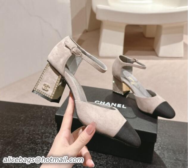 Unique Style Chanel Suede Mary Janes Pumps 6.5cm with Strass Grey 910132